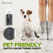 Dog wearing socks with a pet-friendly switch and Aspectek logo in the background