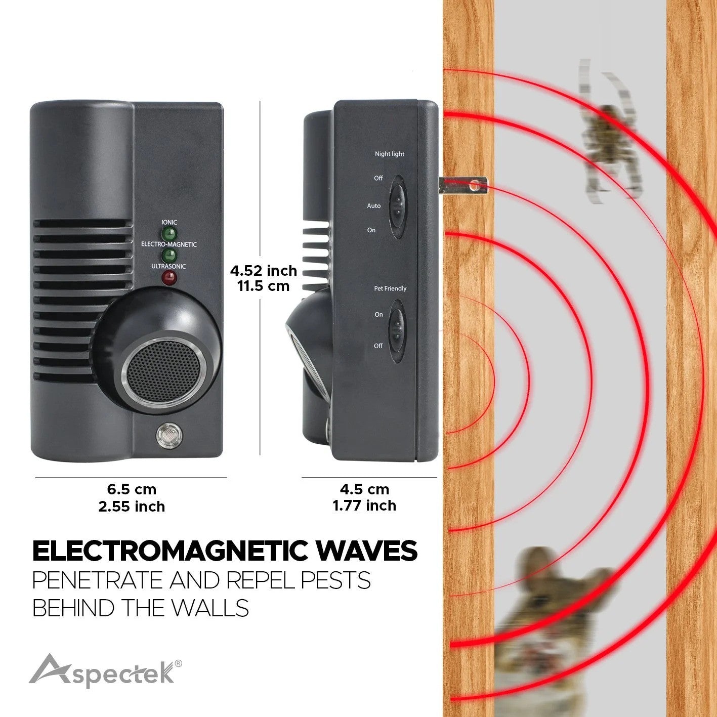 Electromagnetic pest control device with labeled dimensions and pest repelling mechanism on a wooden surface.
