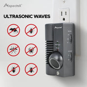 Ultrasonic pest control device with 'no' symbols for pests on a white background, branded as Aspectek.