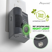 Wall-mounted night light with green accents and Aspectek branding on a white background