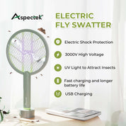 Aspectek 3000V Rechargeable Electric Fly Swatter Bug Zapper Racket, Portable Indoor and Outdoor Insect Killer with USB Charging Cable and Wall Bracket, White/Green, 1-Pack
