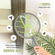 Aspectek 3000V Rechargeable Electric Fly Swatter Bug Zapper Racket, Portable Indoor and Outdoor Insect Killer with USB Charging Cable and Wall Bracket, White/Green, 1-Pack