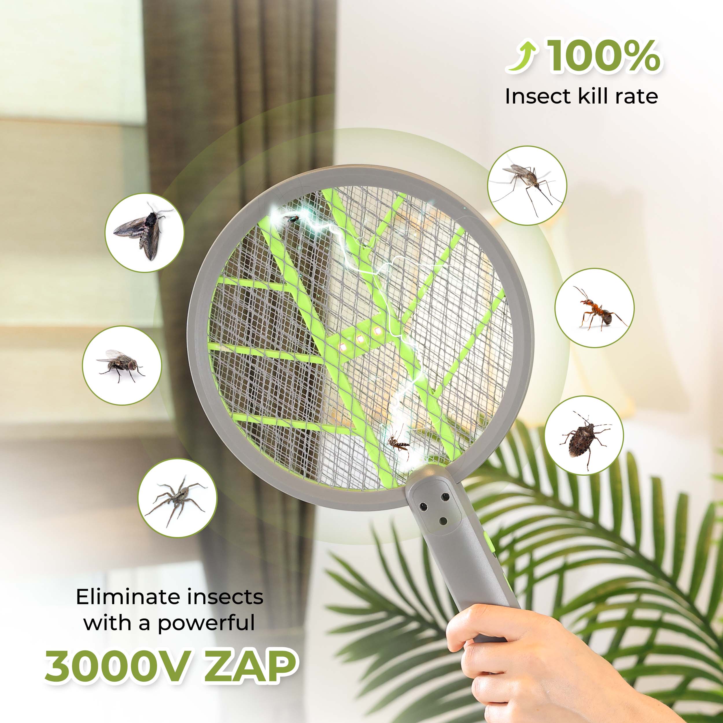 Aspectek 3000V Rechargeable Electric Fly Swatter Bug Zapper Racket, Portable Indoor and Outdoor Insect Killer with USB Charging Cable and Wall Bracket, White/Green, 1-Pack