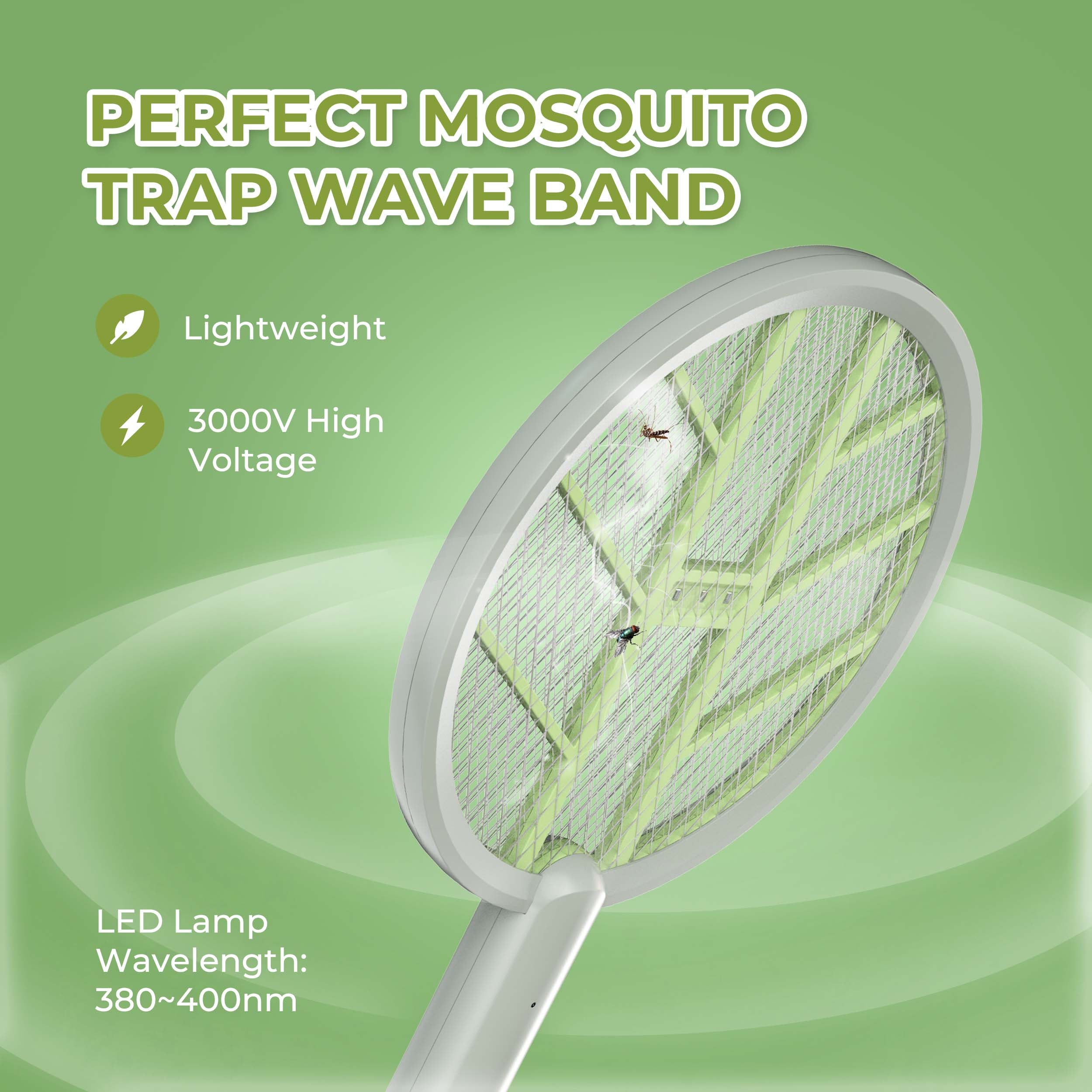Aspectek 3000V Rechargeable Electric Fly Swatter Bug Zapper Racket, Portable Indoor and Outdoor Insect Killer with USB Charging Cable and Wall Bracket, White/Green, 1-Pack