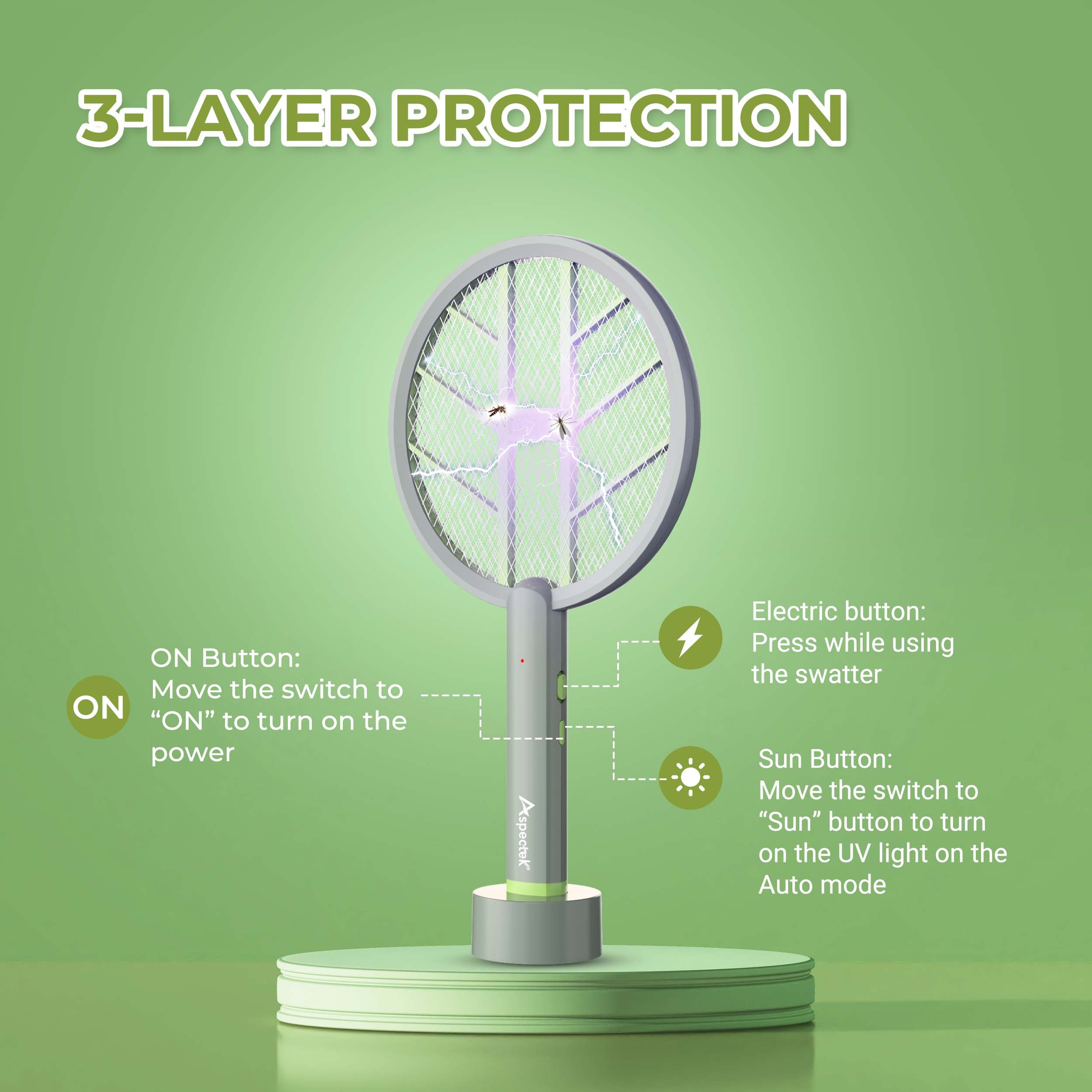 Aspectek 3000V Rechargeable Electric Fly Swatter Bug Zapper Racket, Portable Indoor and Outdoor Insect Killer with USB Charging Cable and Wall Bracket, White/Green, 1-Pack