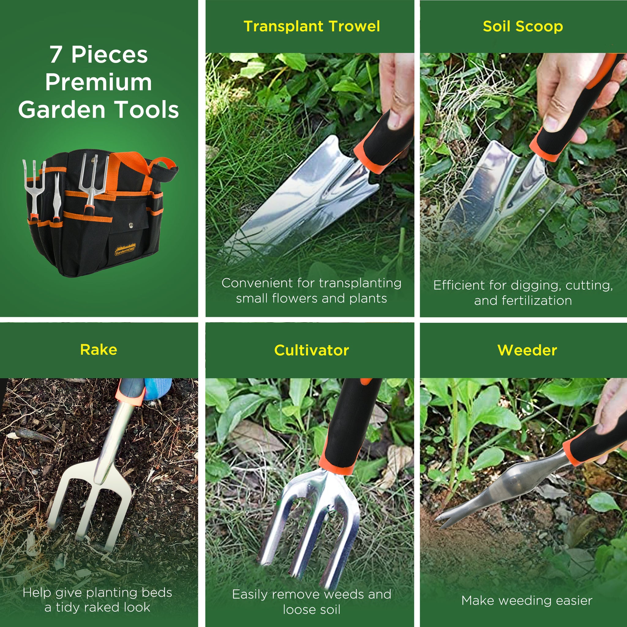 GardenHOME Garden Tool Set, Stainless Steel 7 Piece Tool Set, Heavy Duty Folding Stool, Detachable Canvas Tote Bag, Gardening Tool Kit Organizer (Orange)