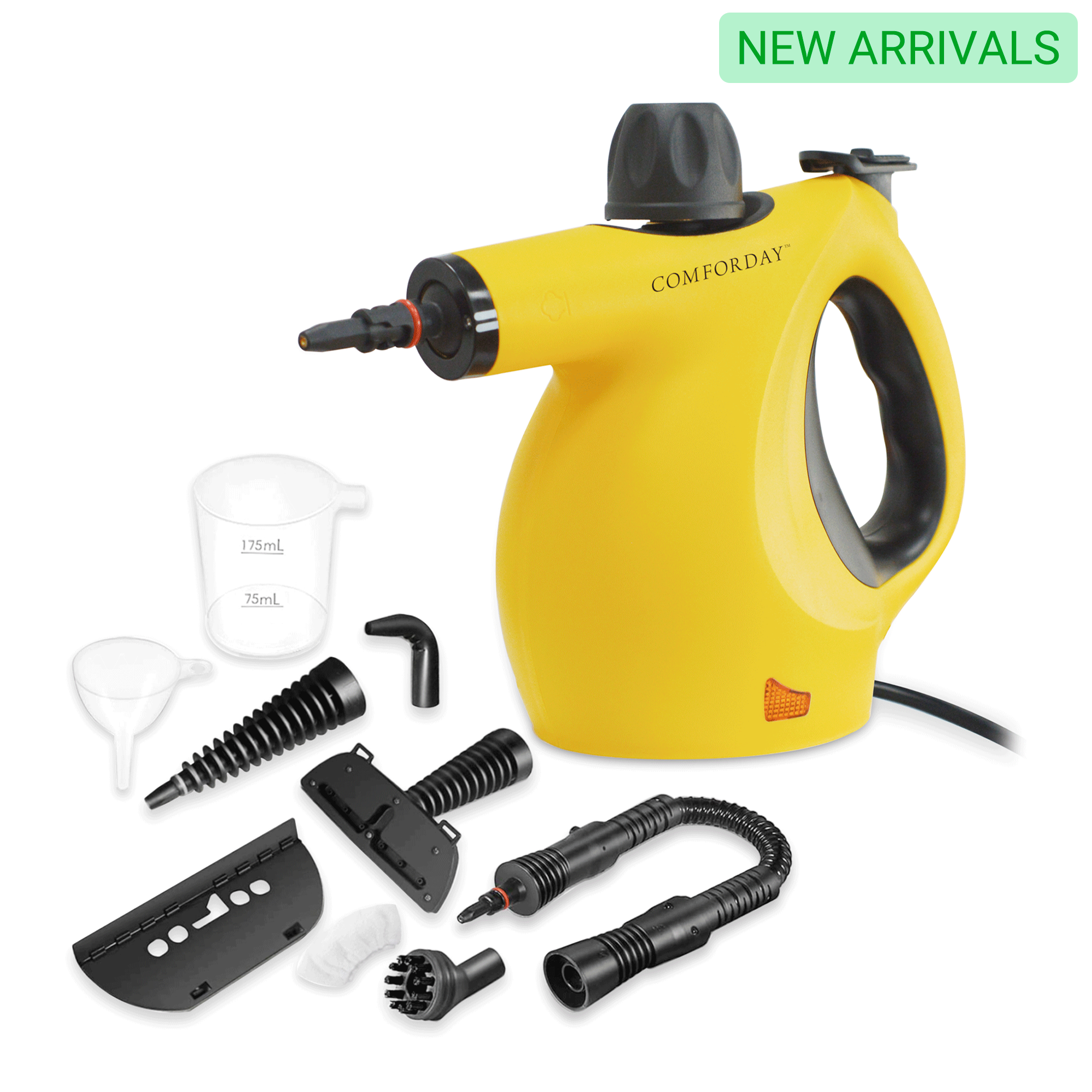 Comforday Multi-Purpose Handheld Pressurized Steam Cleaner with 9-Piece Accessories for Stain Removal, Steamer, Carpets, Curtains, Car Seats, Kitchen Surface & Much More (Yellow Black)