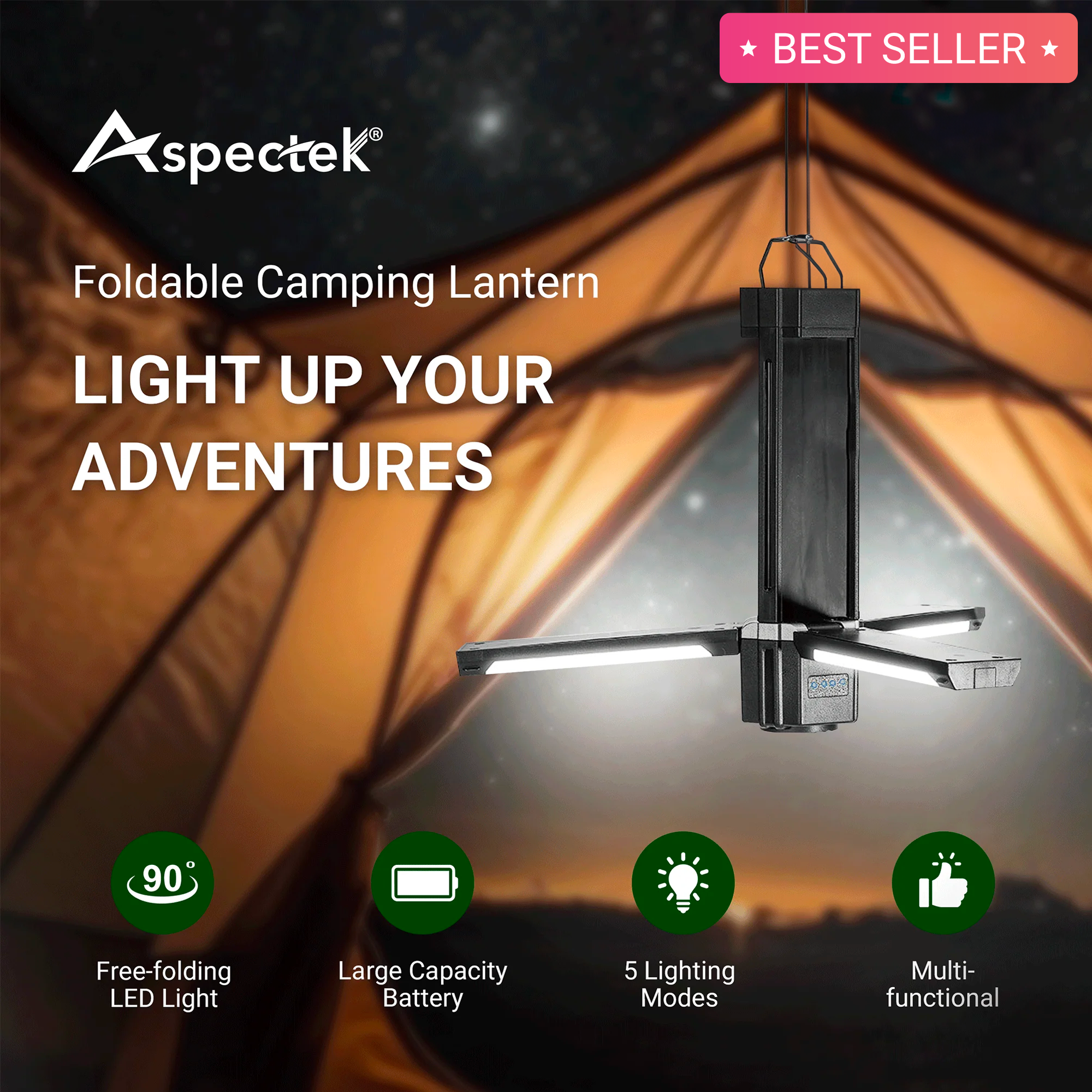 Comforday Camping Lantern, Portable Tent Lamp with Iron Hook, Collapsible LED Blade Bulb Plus Flash Light,3000mAh Rechargeable by USB Type C, Phone
