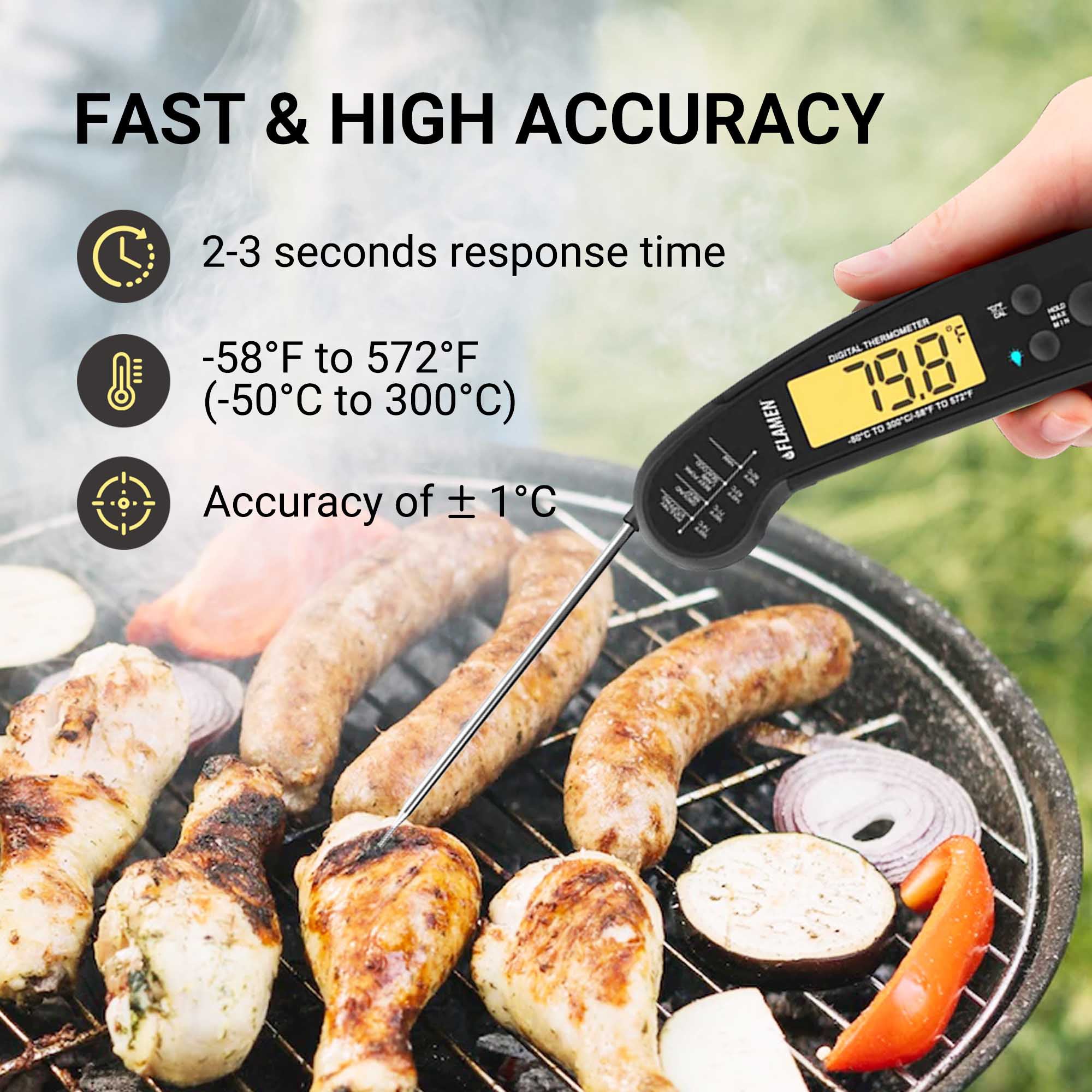 Flamen Digital Meat Thermometer, 2 in. 1-Dual Probe Food Thermometer with Backlight (Silver)