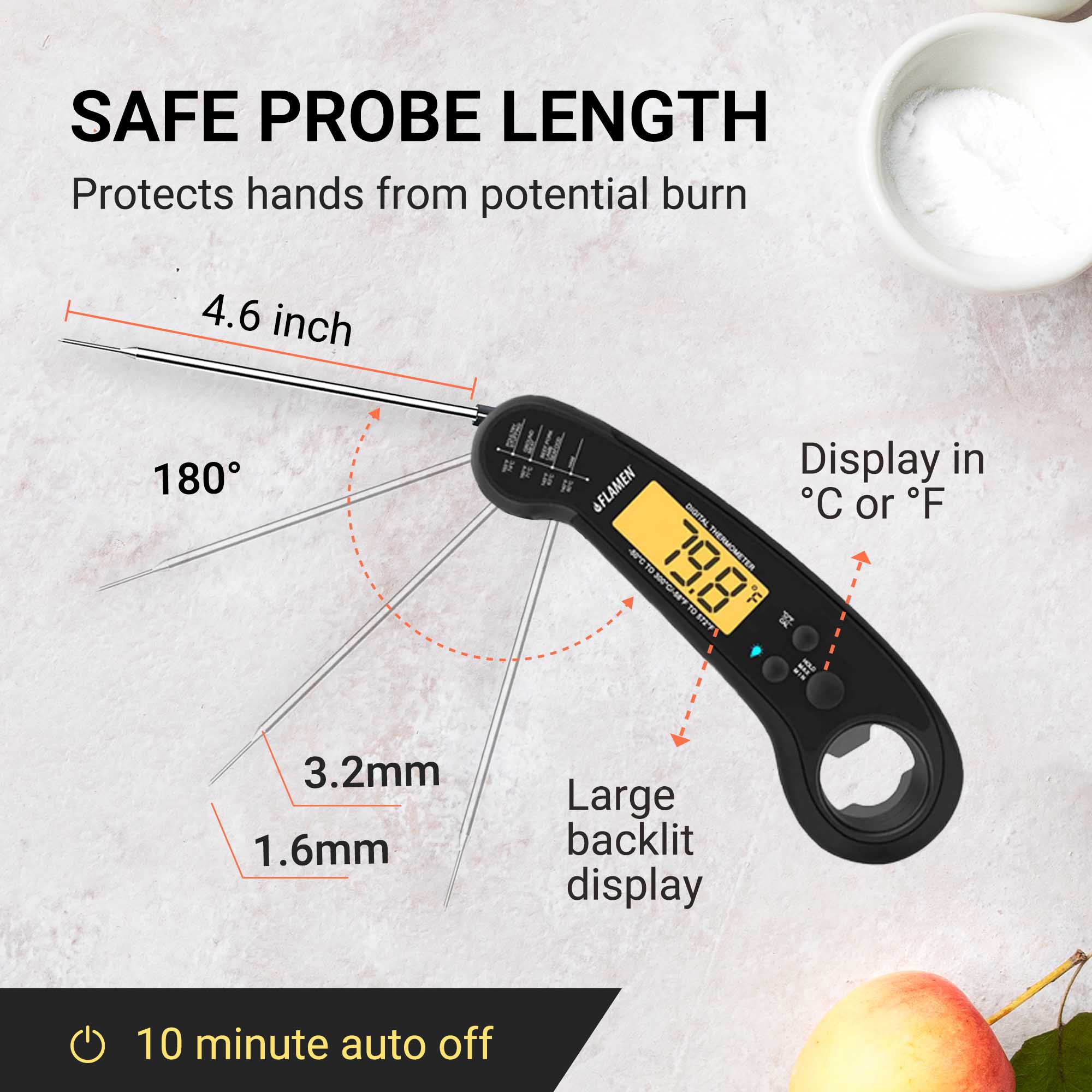 Flamen Digital Meat Thermometer with Backlight for Kitchen, Deep Frying, Baking, Turkey, BBQ
