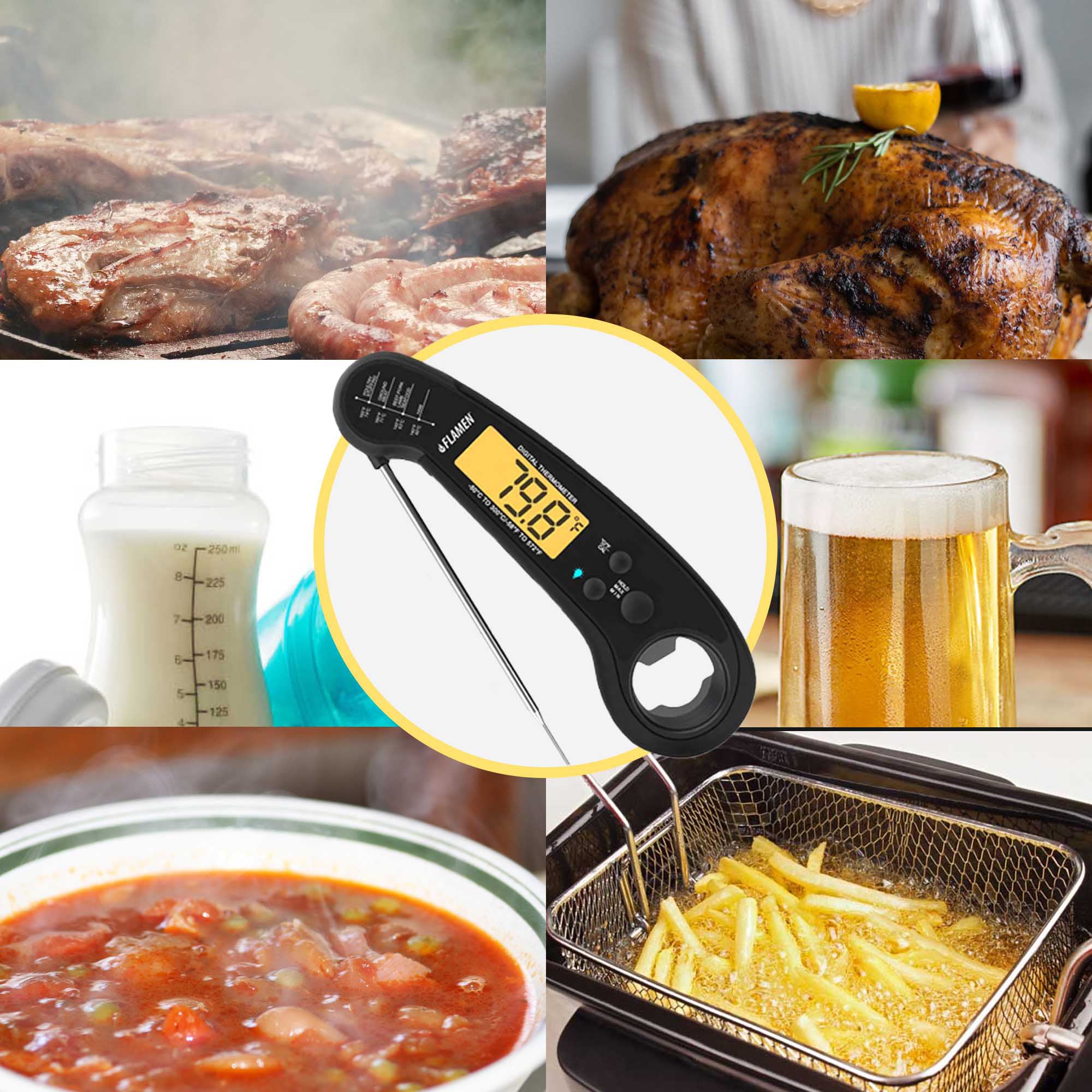 Flamen Digital Meat Thermometer with Backlight for Kitchen, Deep Frying, Baking, Turkey, BBQ