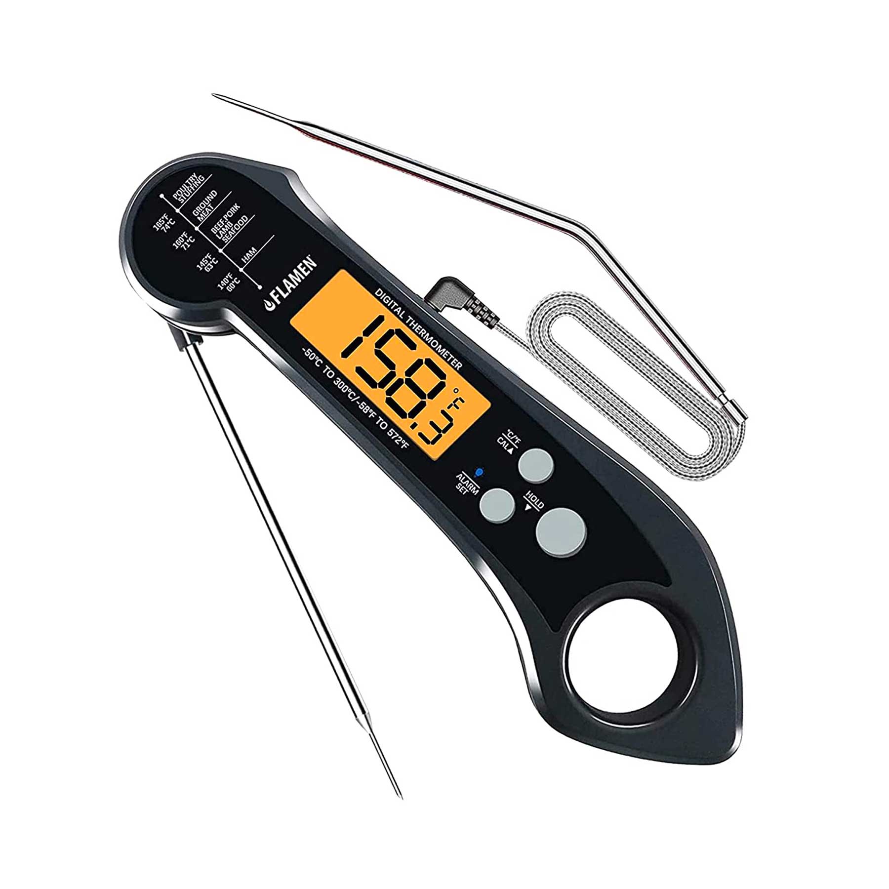 Flamen Digital Meat Thermometer, 2 in 1 Dual Probe Food Thermometer with Backlight, Temperature Alarm, Waterproof Instant Read Meat Thermometer for Kitchen, Deep Frying, Baking, Turkey, BBQ