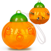 Two orange transparent balls with green lids on a white background
