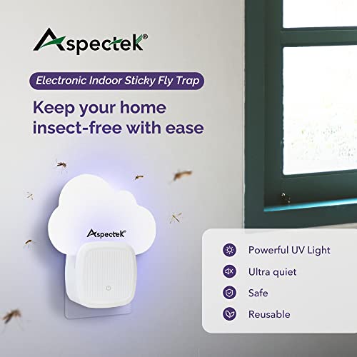 Aspectek Sticky Fly Insect Trap for Indoor, Plug-in Blue Light Bug Trap, Odorless, Noiseless, Chemicaless, with 12 Packs of Sticky Glue Pads, White (2 Pack)
