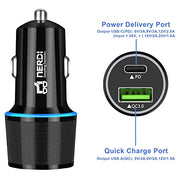 Nerdi 48W Fast USB C Car Charger Adapter with Power Delivery and Quick Charge 3.0
