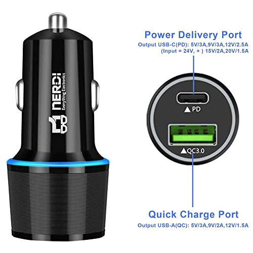 Nerdi 48W Fast USB C Car Charger Adapter with Power Delivery and Quick Charge 3.0