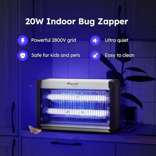 Aspectek 20W Electric Bug Zapper for Indoor use. Effective Against Mosquitoes and Flies. 2 Extra Replacement Bulbs Included. Lightweight Design, 2800V Powerful Grid, Easy Cleaning, Washable Tray.