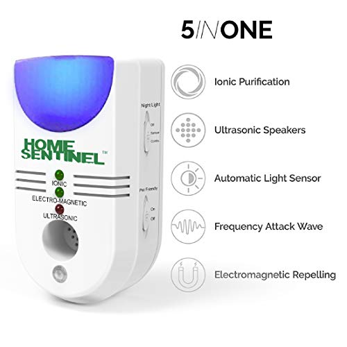 Home Sentinel Indoor Ultrasonic Pest Repeller 5 in 1 Features for Effective Pest Control for your Home, Office, Restaurant, Storage, etc, 1 Pack, Sound Frequency 15kHz-18kHz