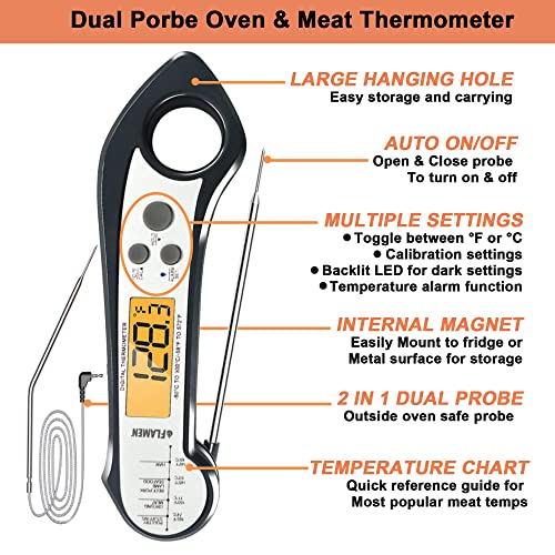 Flamen Digital Meat Thermometer, 2 in 1 Dual Probe Food Thermometer with Backlight, Temperature Alarm, Waterproof Instant Read Meat Thermometer for Kitchen, Deep Frying, Baking, Turkey, BBQ
