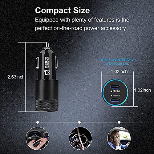 Nerdi 47W 2 Port USB C Car Charger Adapter with PD and QC 3.0