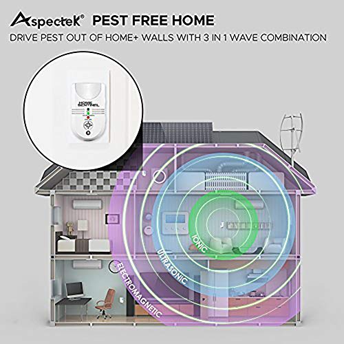 Aspectek Home Sentinel Ultrasonic Pest Repellent 5-in-1 Indoor Pest Control Repeller with Electromagnetic, Ionizer & Auto Light for Mosquitos,Rats,Spiders,Rodents (2 Pack),Sound Frequency 15kHz-18kHz
